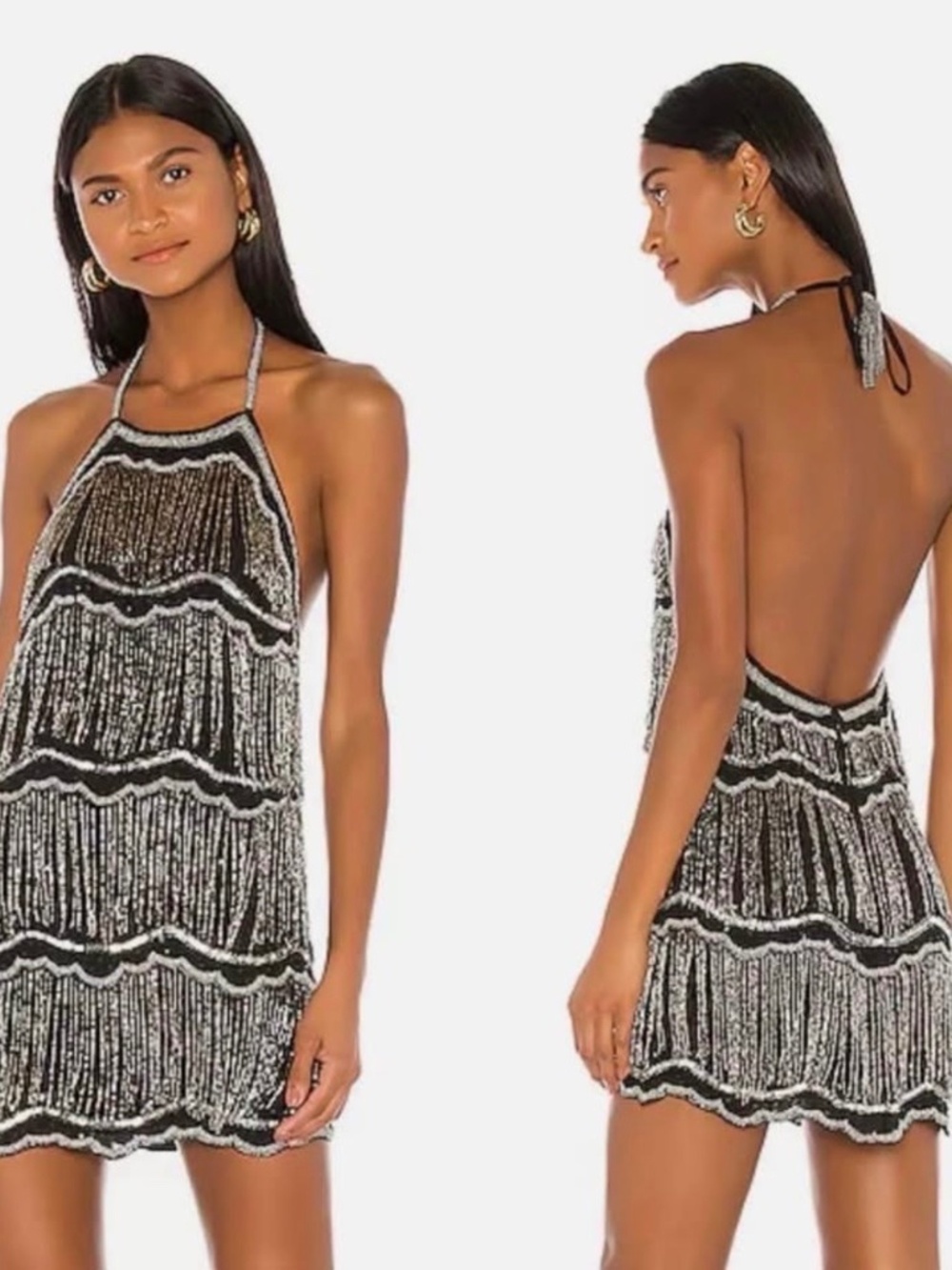 Revolve Black Silver Fringe Homecoming Formal Dress